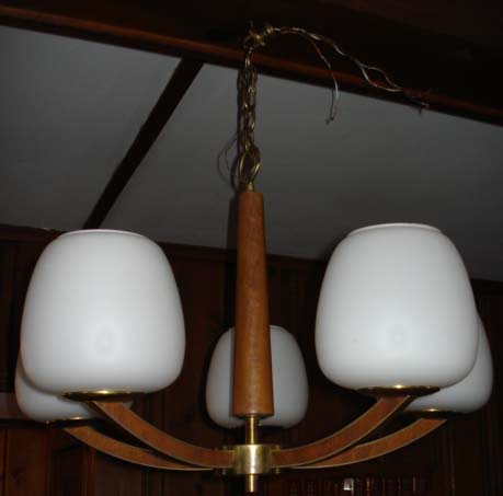 Lightolier teak, brass Chandelier with 5 white frosted shades For Sale